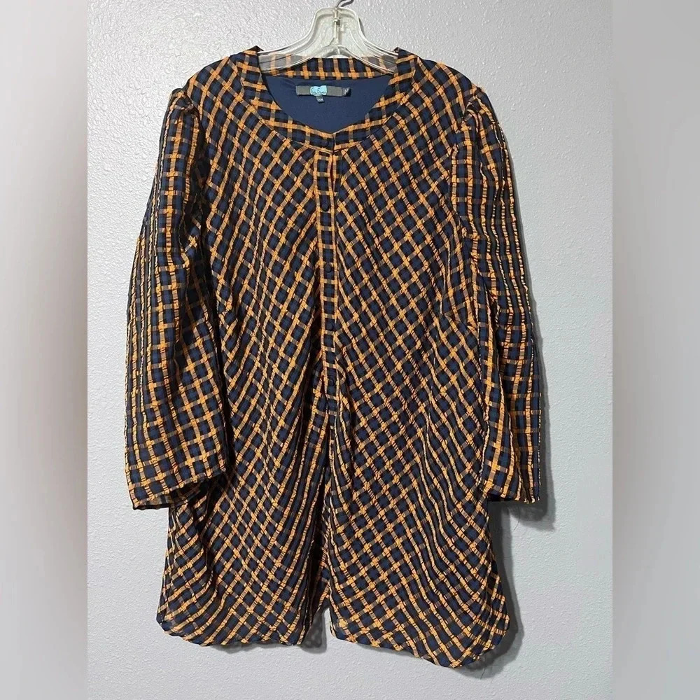 Eva Franco Anthropologie Textured Plaid Blouse Puff Sleeve Sz 26W Button Up EUC